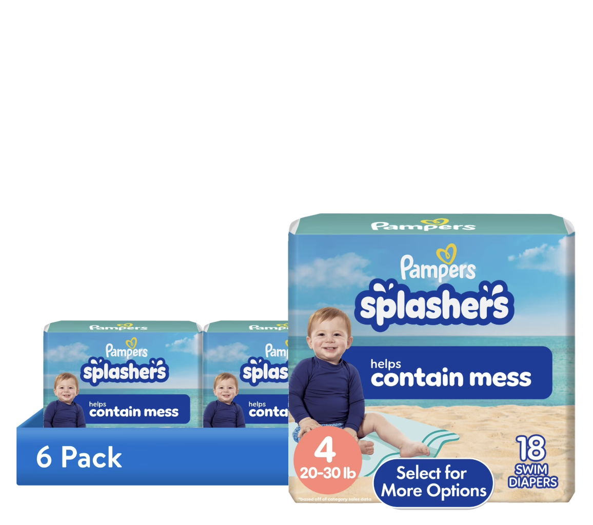 (6 pack) Pampers Splashers Swim Diapers, Size 4, 18 Count (20-33 lbs)