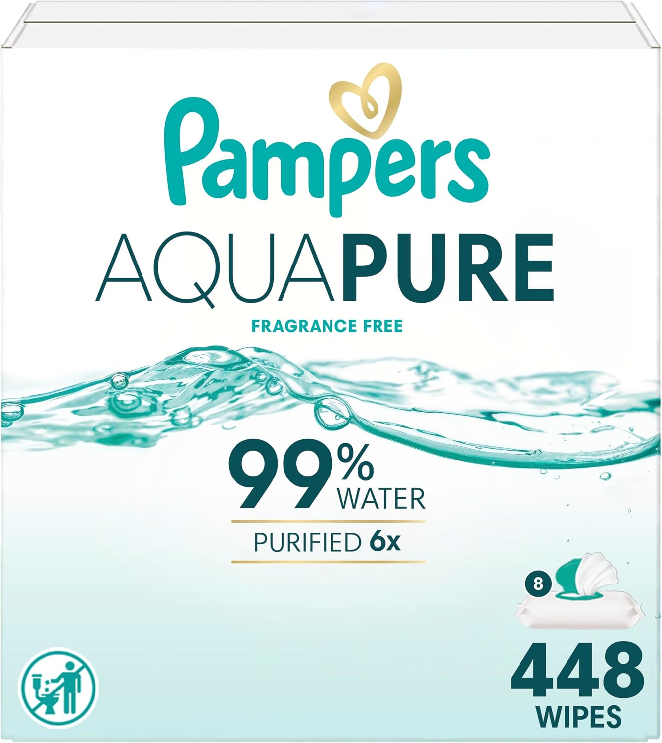 Pampers Aqua Pure Baby Wipes, 99% Water, Fragrance Free, Unscented, Water Based, Multi-Use, 448 Wipes Total (8X Flip-Top Packs)