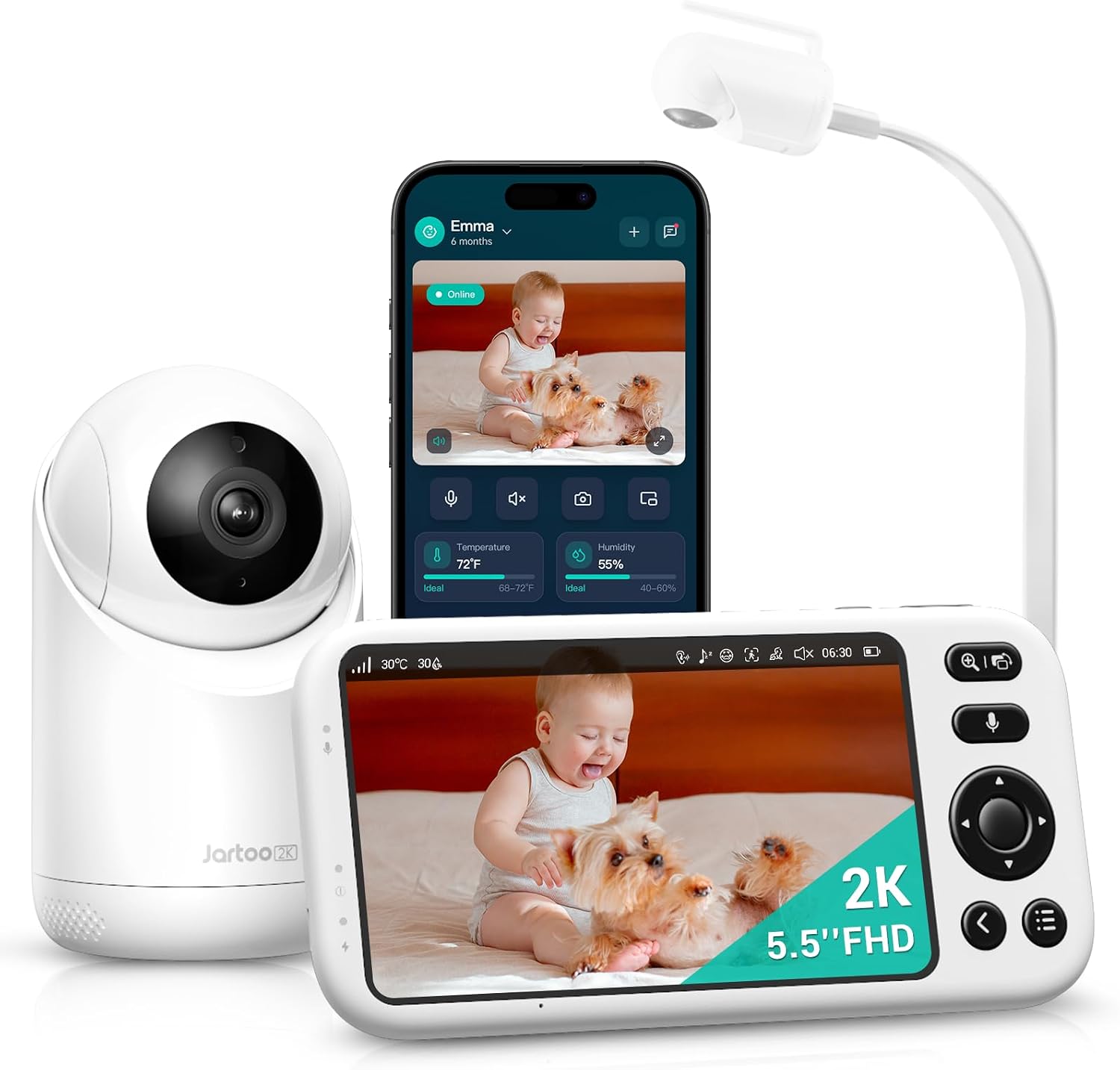 Jartoo Smart Baby Monitor with 2K Camera & Mount, 2000ft Long Range, 5.5" Screen, Hybrid Wi-Fi and No Wi-Fi Connection, AI-Powered Detection, Free App & 24/7 Re