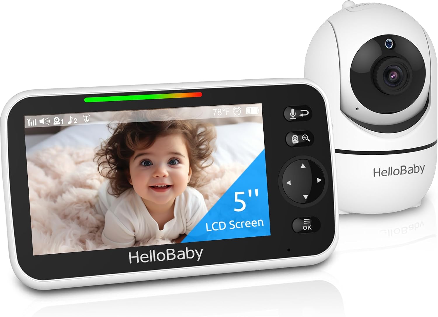 HelloBaby No WiFi Baby Monitor 5" Screen 30-Hour Battery Pan-Tilt-Zoom Video Upgrade with Camera and Audio, Night Vision, VOX, 2-Way Talk, 8 Lullabies and 1000f