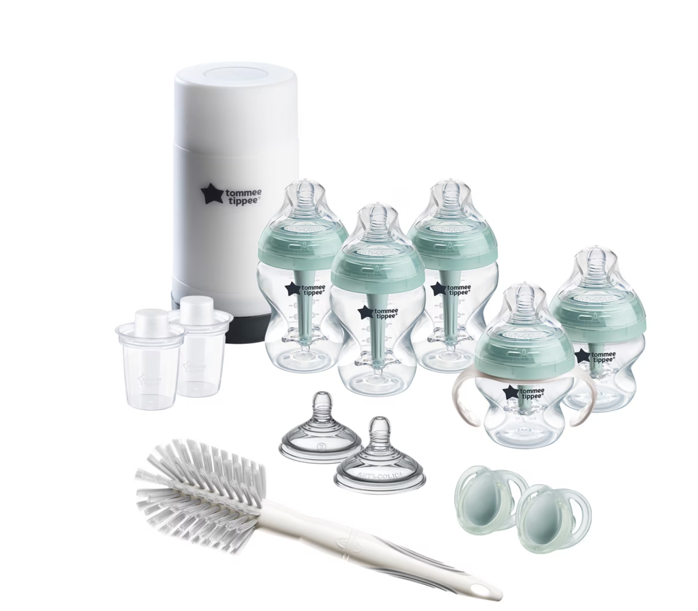 Tommee Tippee Advanced Anti-Colic Ready for Baby Bottle Set, 5oz and 9oz Self-Sterilizing Bottles, Slow and Medium Flow Nipples, 0-6 Month Pacifiers, Travel Bot