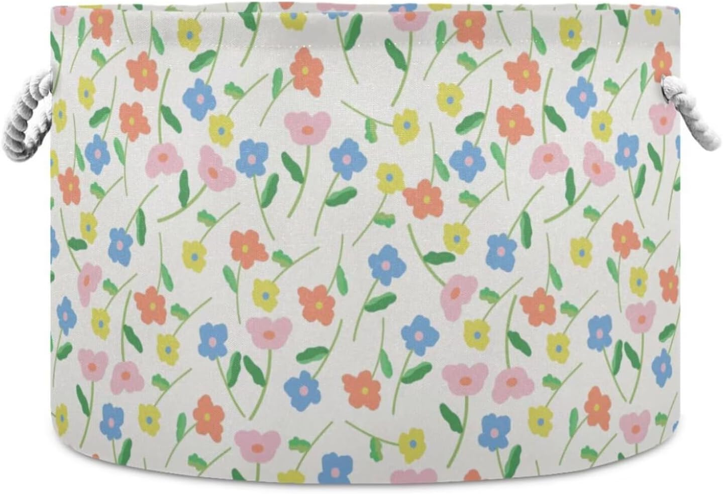 Colorful Flower Print Round Storage Basket Floral Large Laundry Hamper 20 x 20 x 14 Inches Organizer Bin Blanket Storage Bag for Bedroom Bathroom Nursery Living