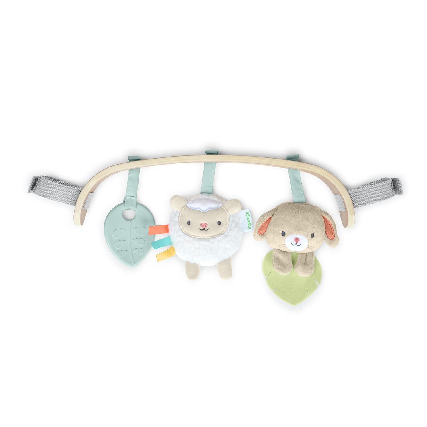 Ingenuity Essentials Wood Carrier Toy Bar, Baby Activity Toy for Stroller, Bouncer, or Carrier, 3 Removable Sensory Toys, On-the-Go Baby Accessory for Infants 0