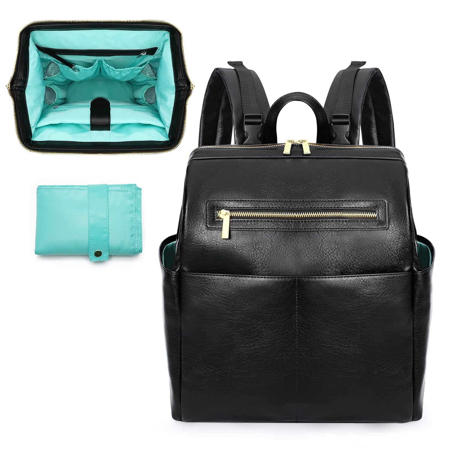 MOMINSIDE Diaper Bag Backpack, Leather Diaper Bag Baby Bag Large Baby Diaper bag Mommy Bag with 16 Pockets,Hospital Bag, Changing Pad,Black
