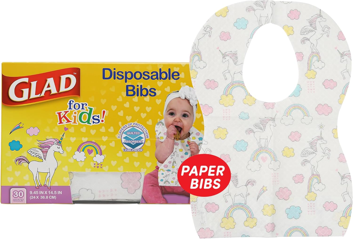 Glad for Kids Unicorn Disposable Paper Bibs with Crumb Catcher, Absorbent Leakproof Bibs for Toddlers and Babies, Mess Free Feeding, Crafts, Parties, and Travel