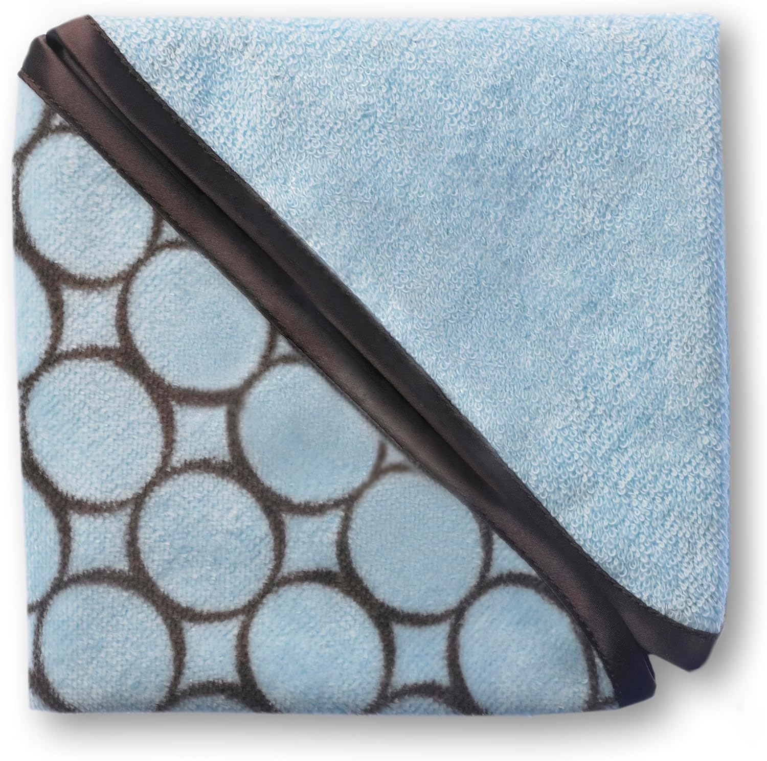 SwaddleDesigns Cotton Terry Velour Washcloths for Baby/Toddler, Absorbent with Satin Trim, Set of 2, Brown Mod Circles on Pastel Blue