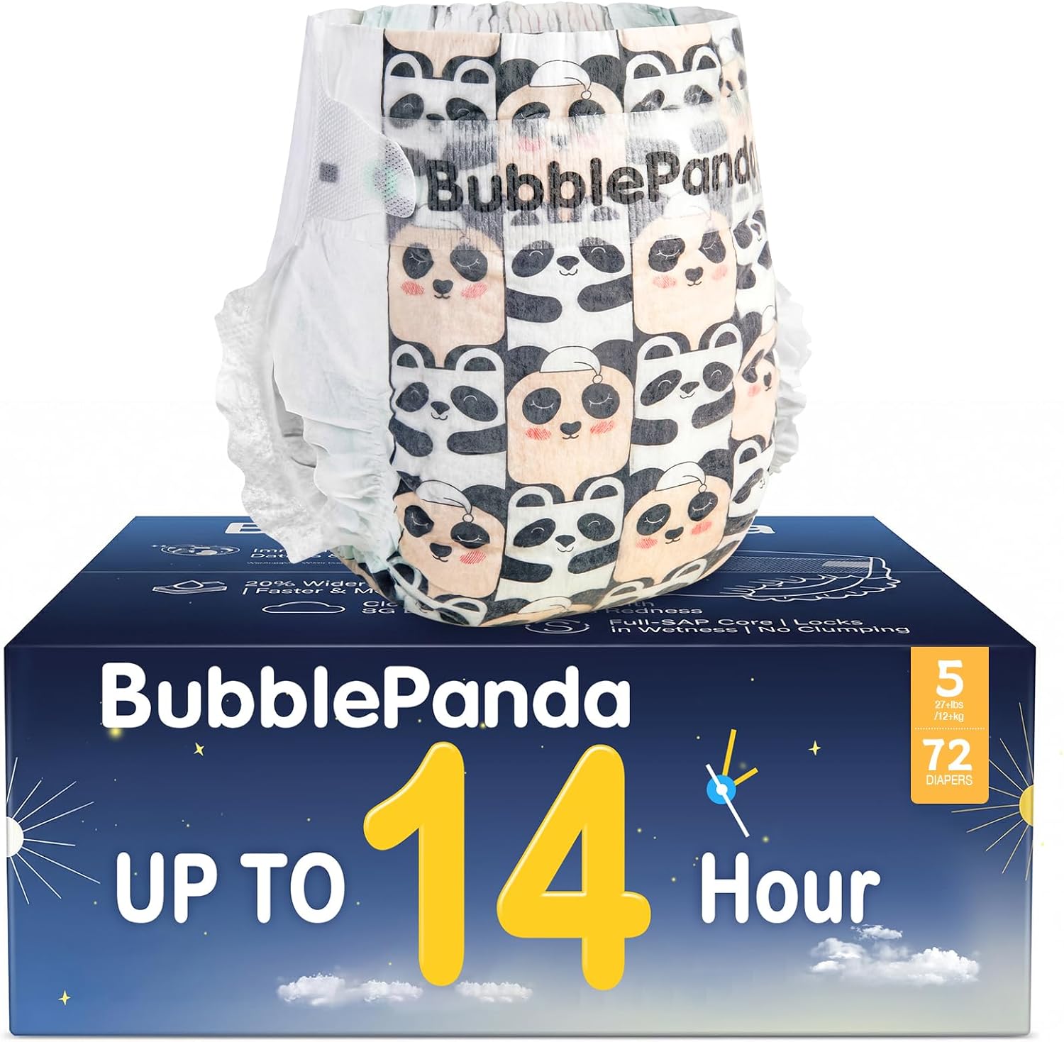 BubblePanda Overnight Diapers, Baby Diapers Nighttime Protection with Dual Absorbent Core, Wider Absorbent Zone, Leak Proof & Soft Surface, Disposable(Size 5, C