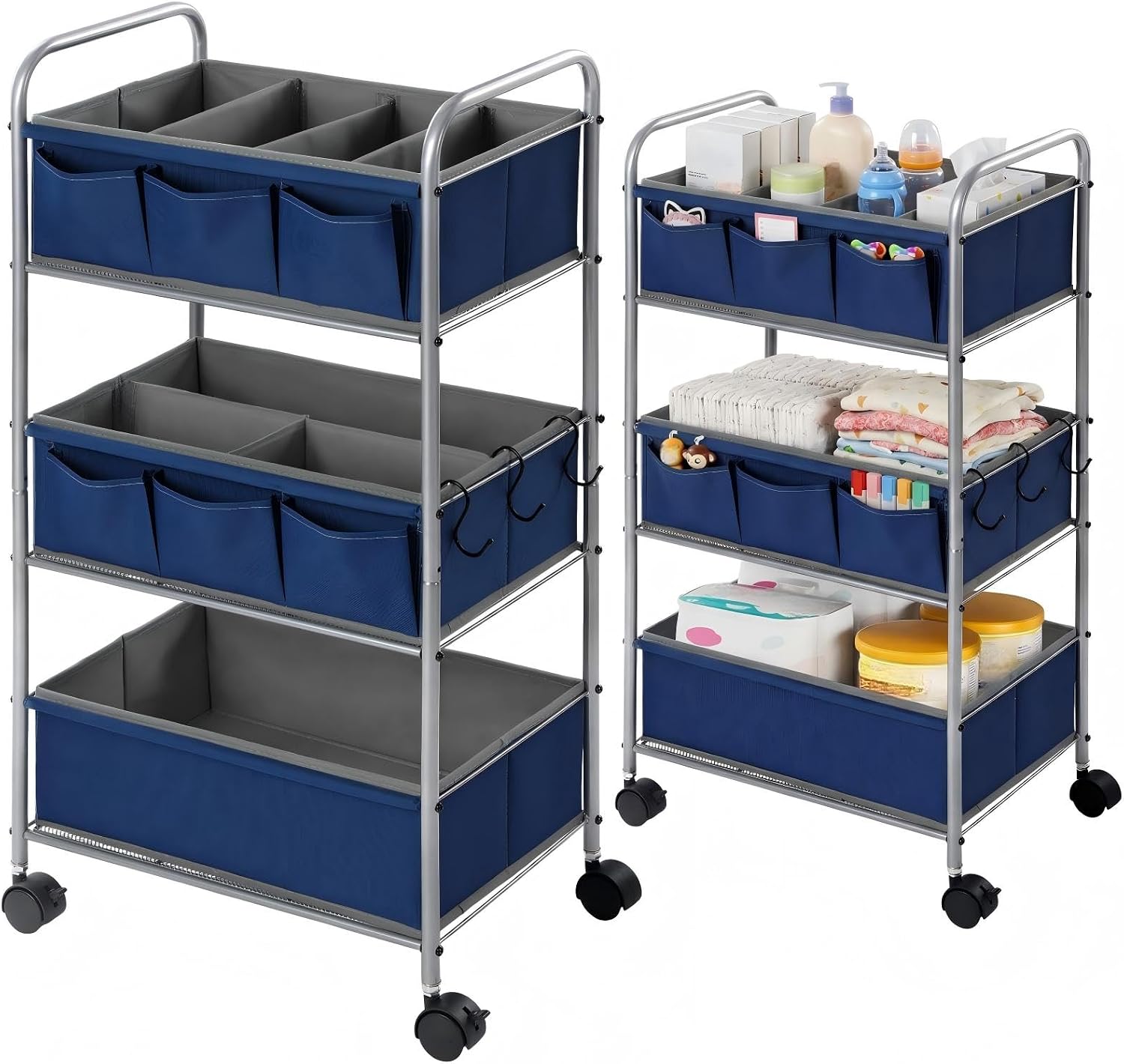 WILLBOND 3 Tier Blue Baby Diaper Caddy Organizer Cart with 4+3 Dividers Large Capacity Metal Utility Bedside Rolling Cart Newborn Registry Nursery Essential Mus