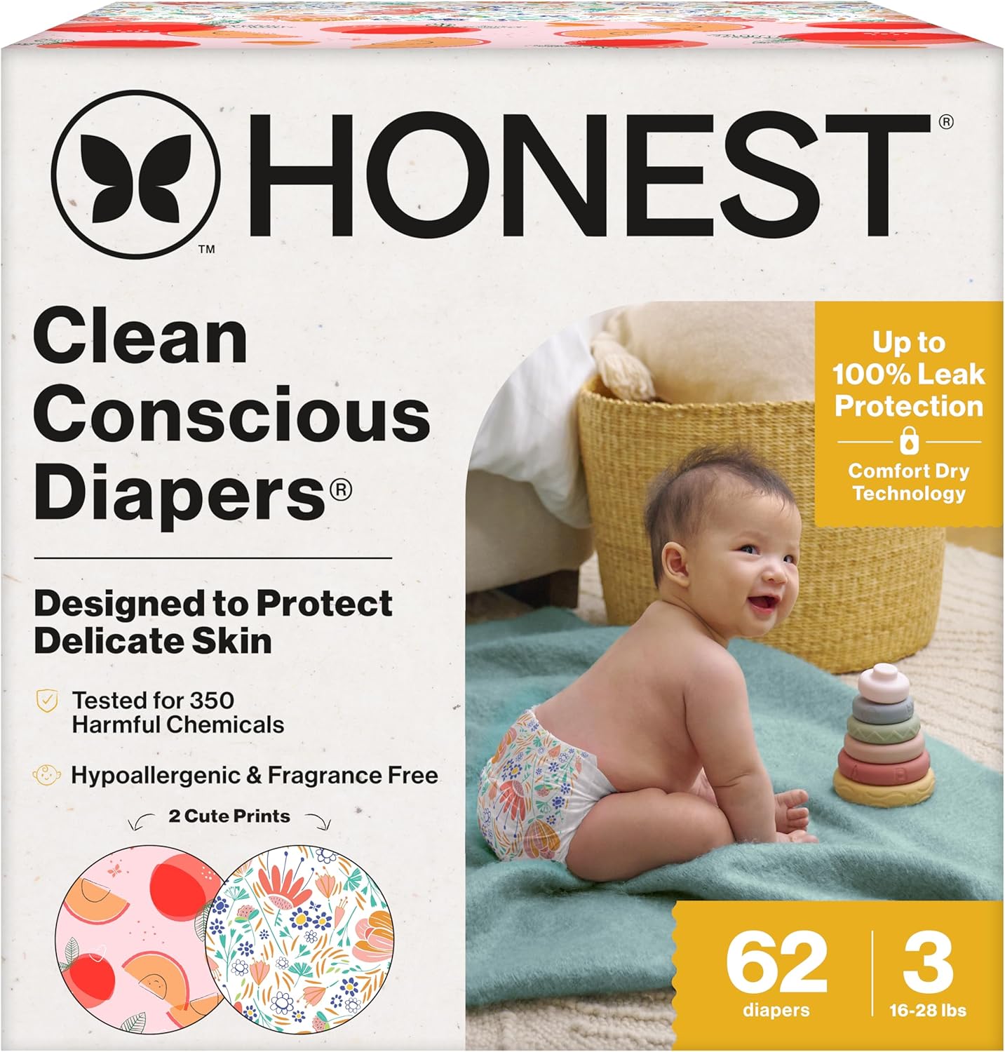 The Honest Company Comfort Dry Disposable Daytime Diapers for Sensitive Skin, Hypoallergenic, Fragrance-Free, Just Peachy + Flower Power, Club Box, Size 3 (16-2