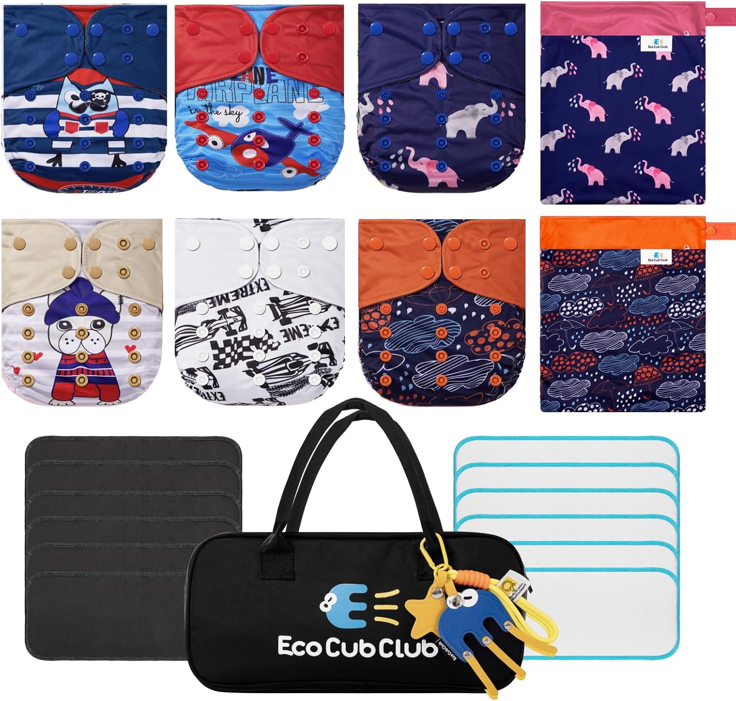 ECOCUBCLUB Reusable Washable Cloth Diapers 6pcs for Baby Shower,Leak-Proof Double Gussets Fleece Lining,12 Soft Fleece Inserts & 2 Wet Bags,Packed in Durable Tr