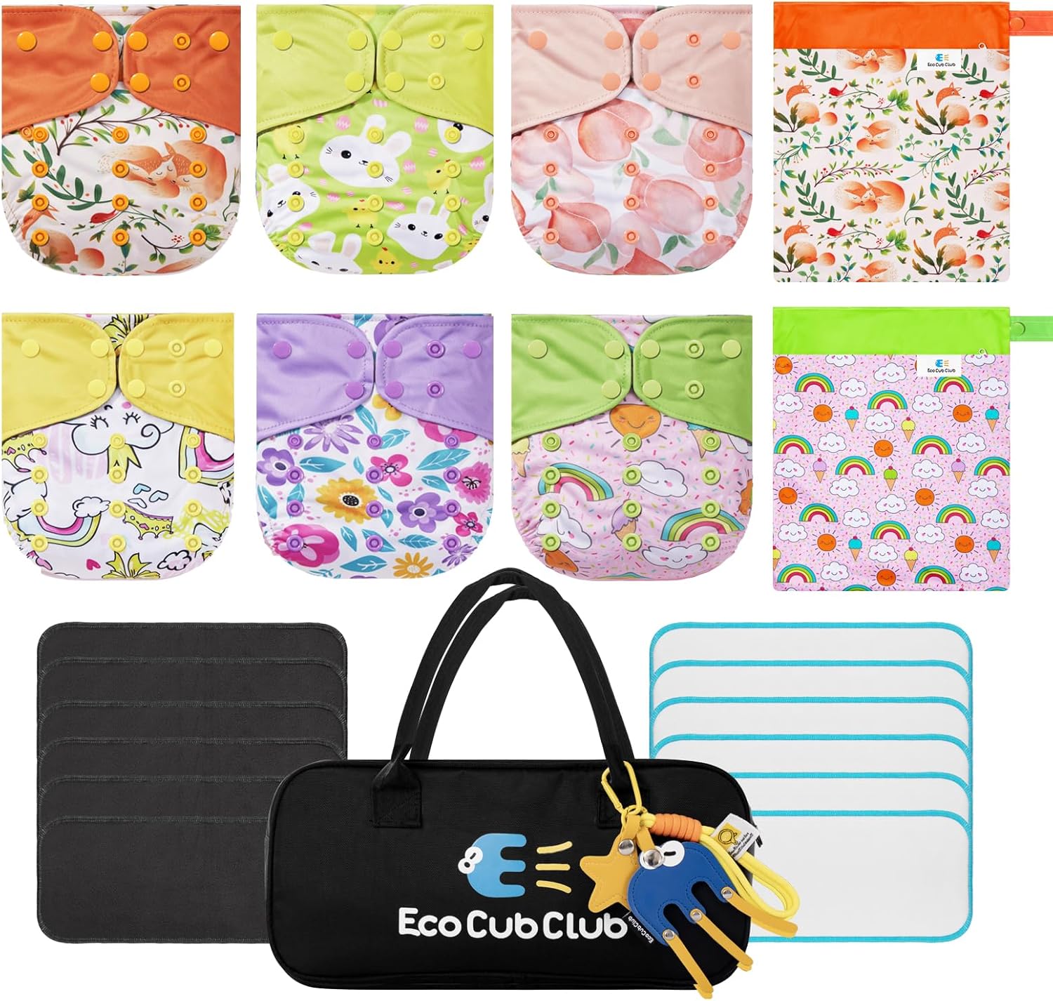 ECOCUBCLUB Reusable Washable Cloth Diapers 6pcs for Baby Shower,Leak-Proof Double Gussets Fleece Lining,12 Soft Fleece Inserts & 2 Wet Bags,Packed in Durable Tr