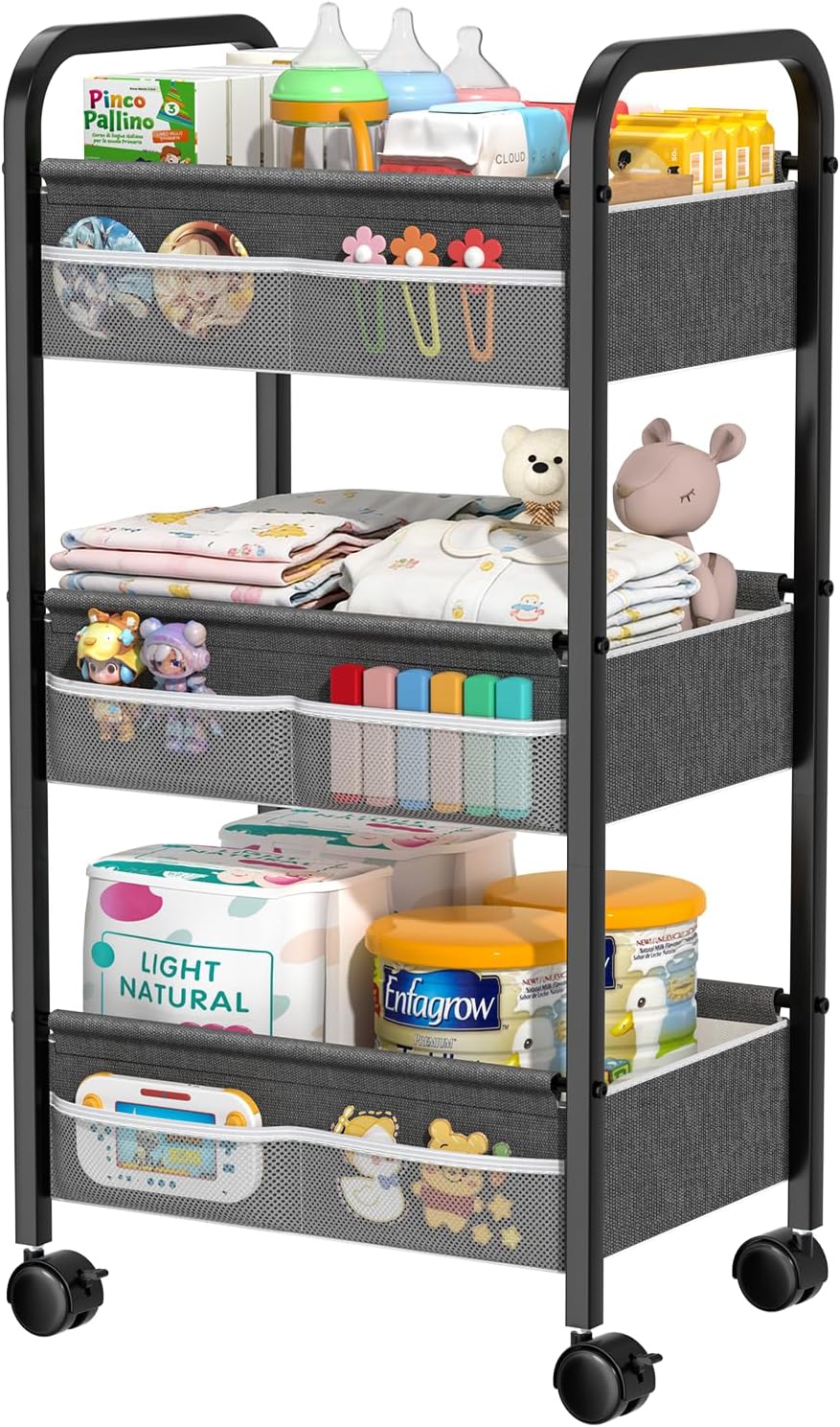Baby Diaper Caddy Rolling Utility Cart, 3 Tier Baby Essentials Nursery Organizer and Storage with Dividers and Drawers for Crib, Bedroom, Art & Craft Organizer