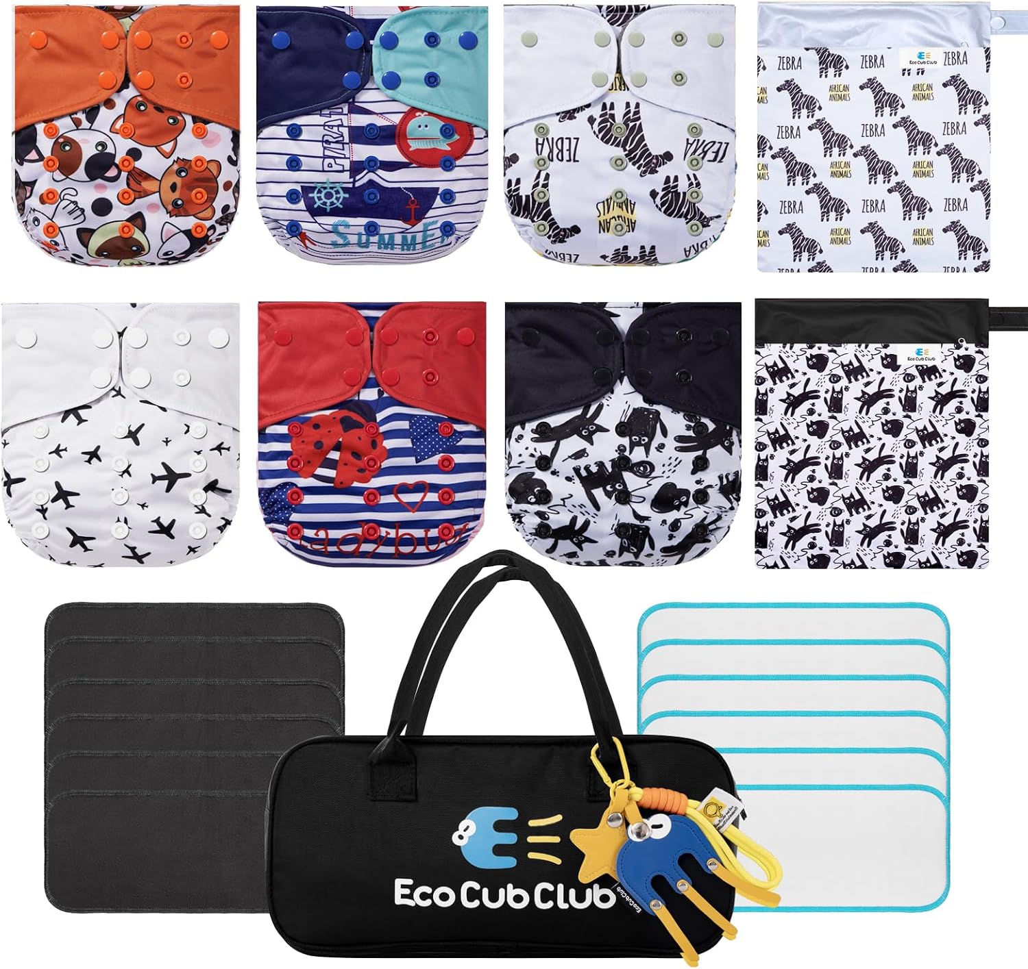 ECOCUBCLUB Reusable Washable Cloth Diapers 6pcs for Baby Shower,Leak-Proof Double Gussets Fleece Lining,12 Soft Fleece Inserts & 2 Wet Bags,Packed in Durable Tr