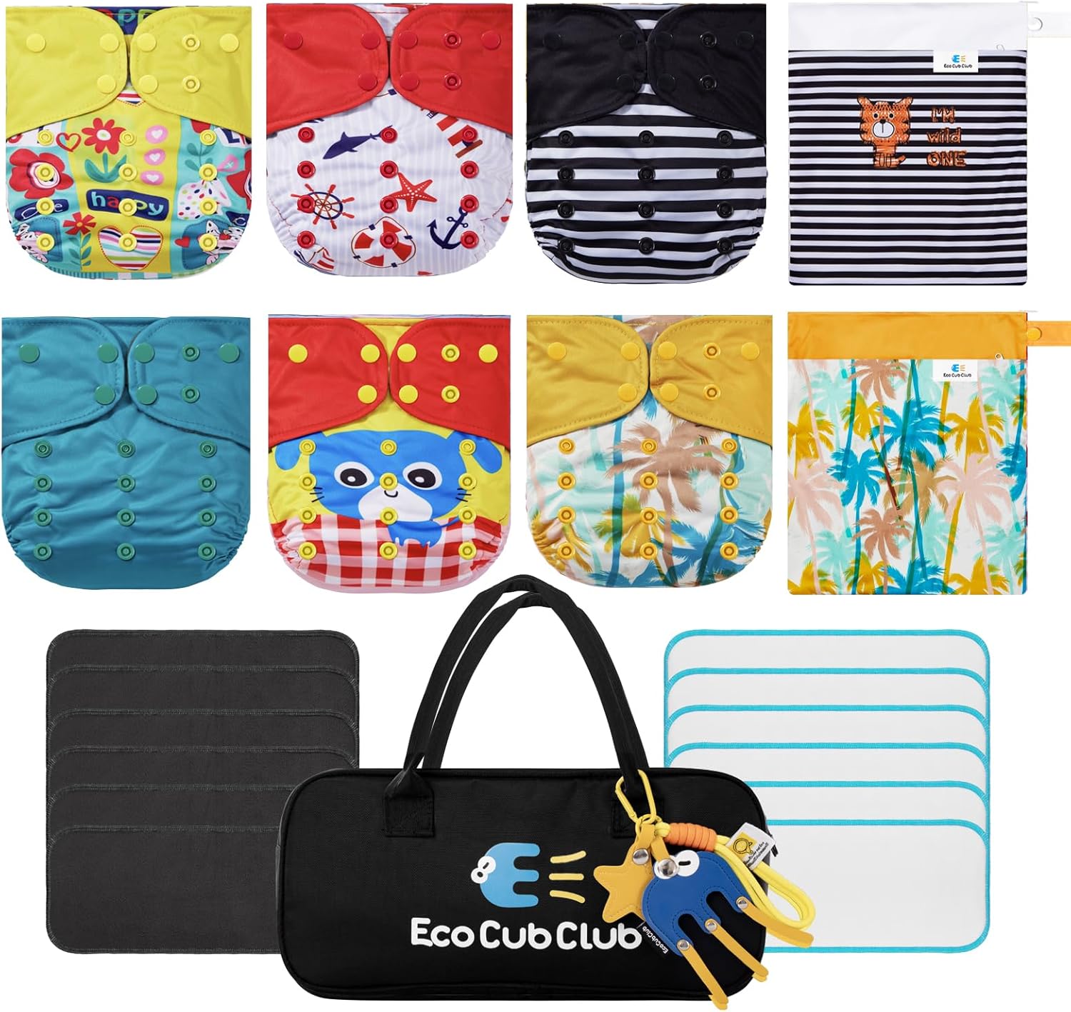 ECOCUBCLUB Reusable Washable Cloth Diapers 6pcs for Baby Shower,Leak-Proof Double Gussets Fleece Lining,12 Soft Fleece Inserts & 2 Wet Bags,Packed in Durable Tr