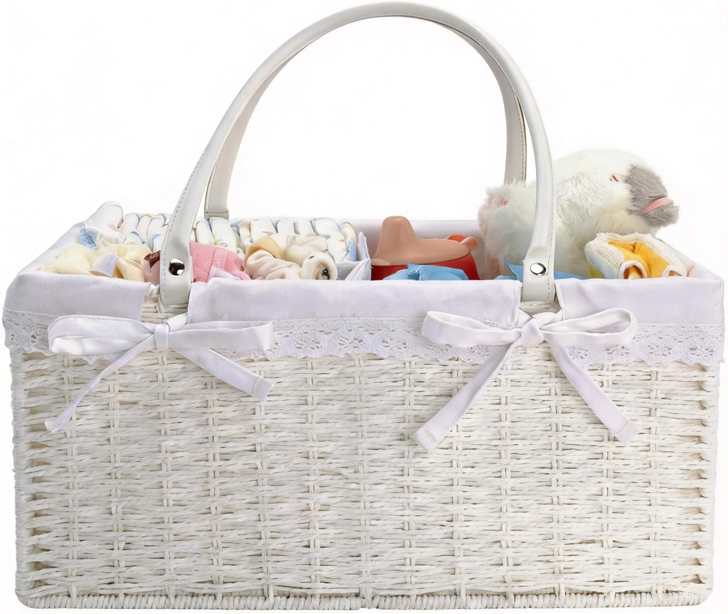 FUFAXHX Large Baby Diaper Caddy Basket - Portable Wicker Paper Rope Storage Baskets Woven Car Organizer for Diapers With Divider White