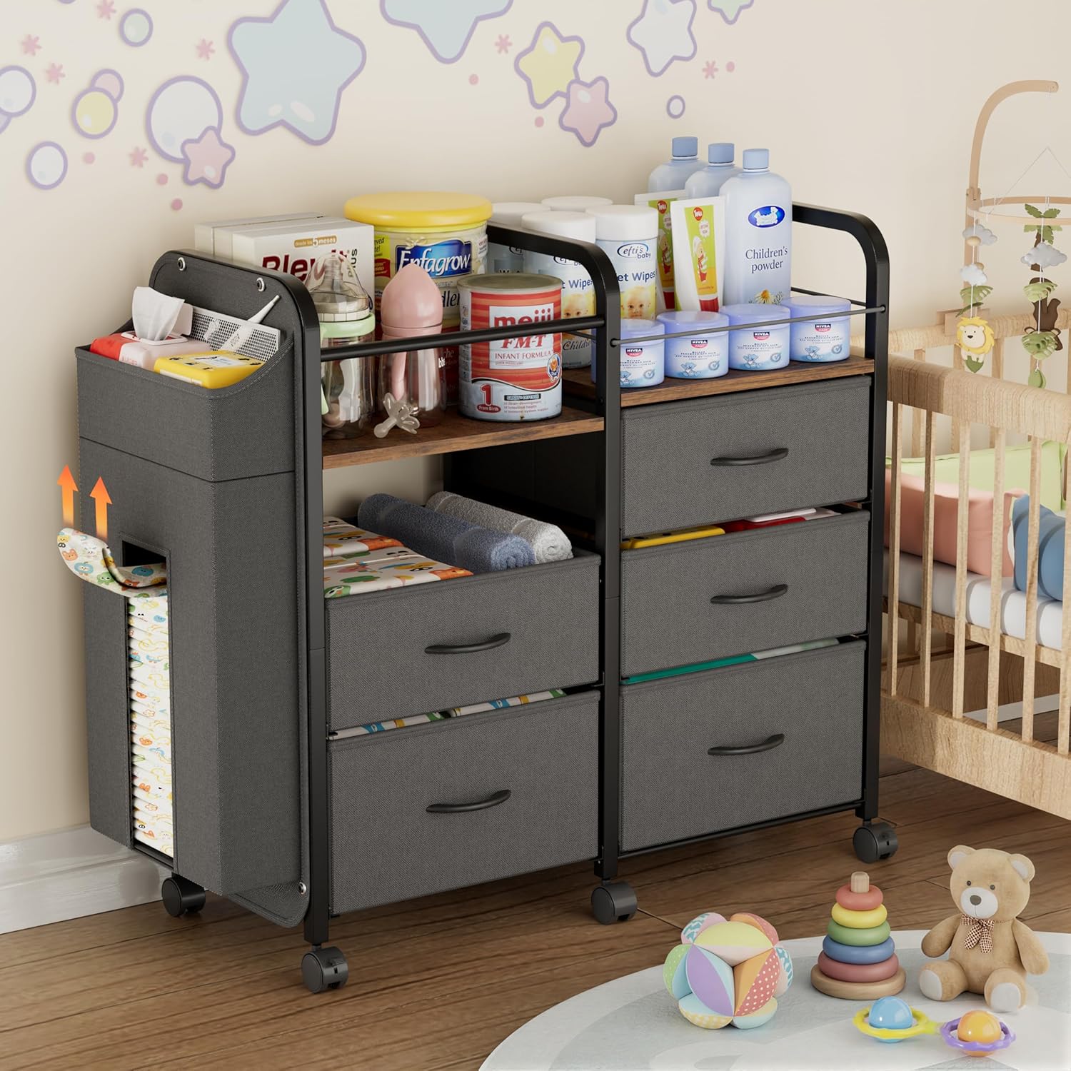 Baby Diaper Caddy Organizer Cart - Bedside Cart with Drawers & Side Storage, Nursery Essentials Stuff & Clothes Organization, 3 Tier Rolling Carts with Wheels f