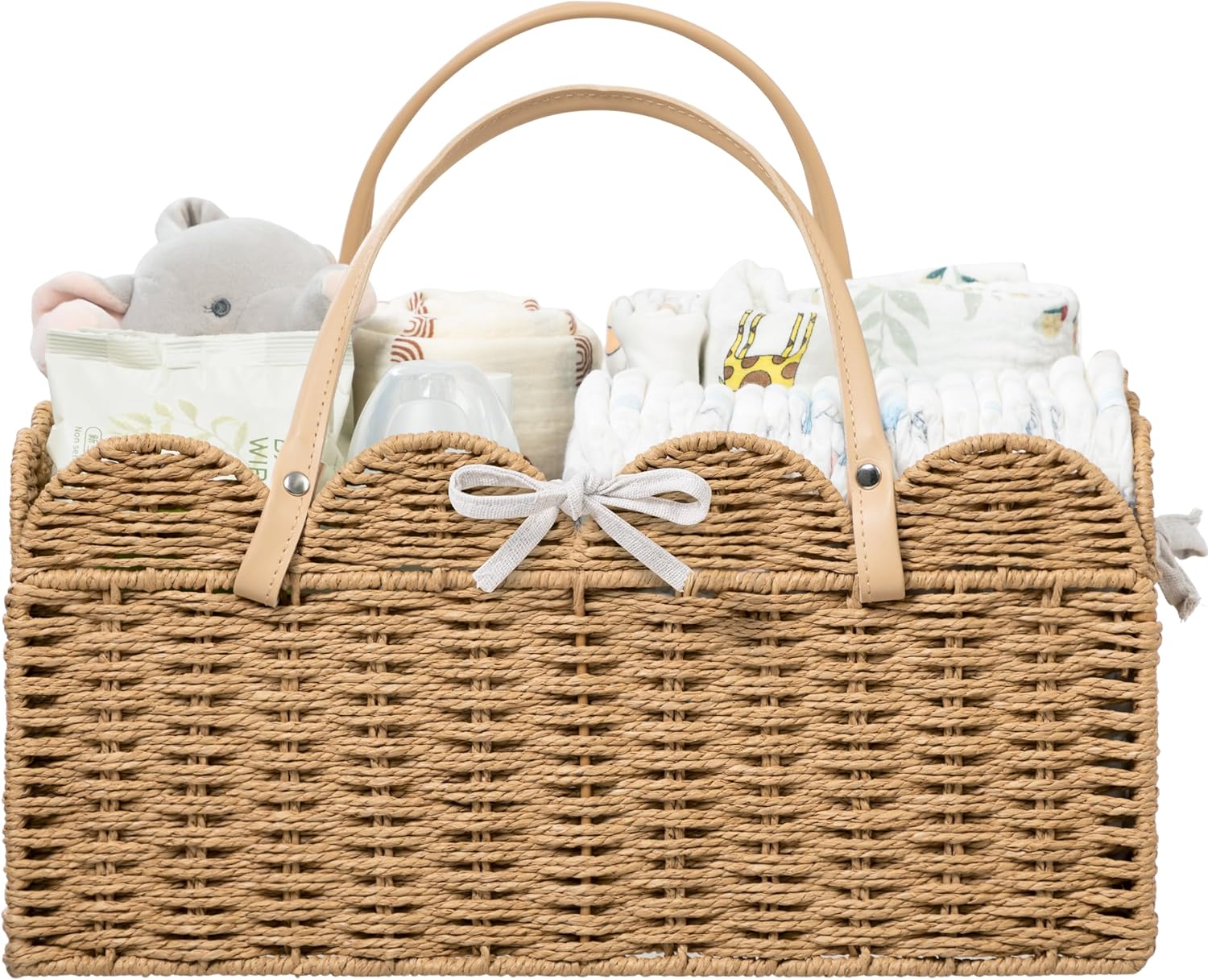 HBlife Large Baby Diaper Caddy, Paper Rope Scalloped Storage Baskets Nursery Bin with Removable Divider, Portable Car Organizer for Diapers, Baby Shower Gifts,
