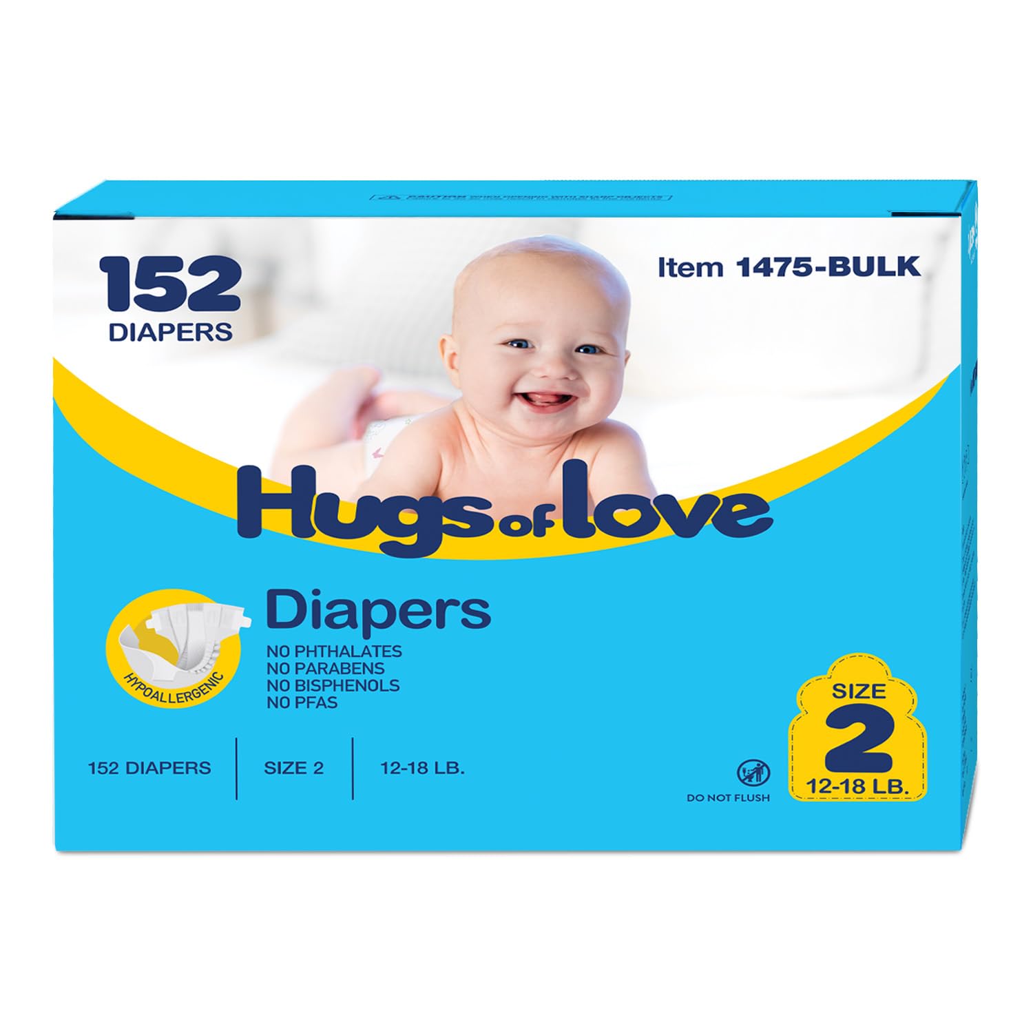 Dynarex Hugs-of-Love Diapers Size 2 (12-18 lb) Baby Diapers - High Absorbency, Leak Protection, Soft Comfort, 152 Diapers per Case