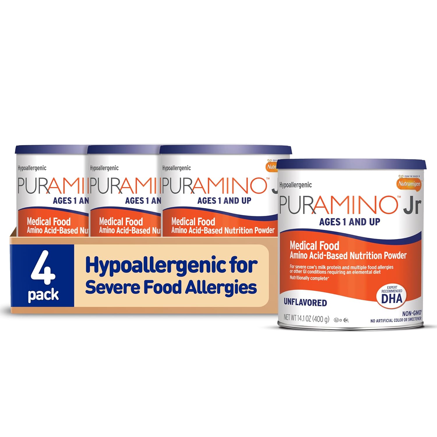 PurAmino Junior, Hypoallergenic Amino Acid based Powder for Severe Food Allergies and GI conditions, Nutritionally Complete for Ages 1 and older, 14.1oz can, Pa