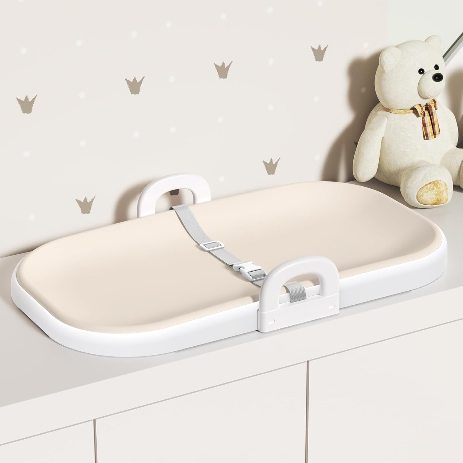 Xaproo Baby Changing Pad, Soft EVA Wipeable Diaper Changing Pad with Adjustable Crib Clips, Non-Slip Changing Table Pad with Safety Strap & Side Handles, Fits C