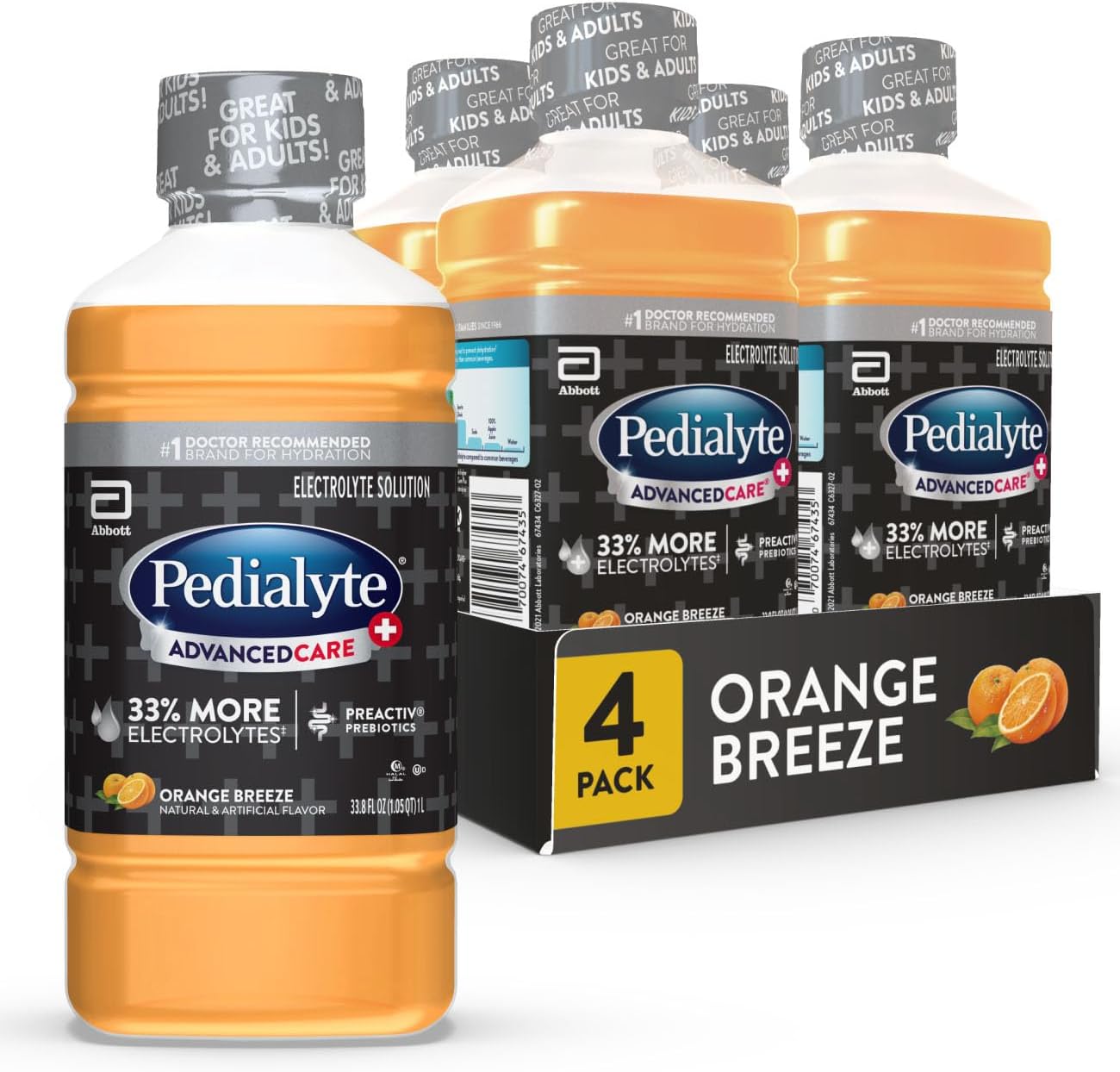 Pedialyte AdvancedCare Plus Electrolyte Hydration Drink, Has 33% More Electrolytes and Has PreActiv Prebiotics, Orange Breeze, 1 Liter, Pack of 4