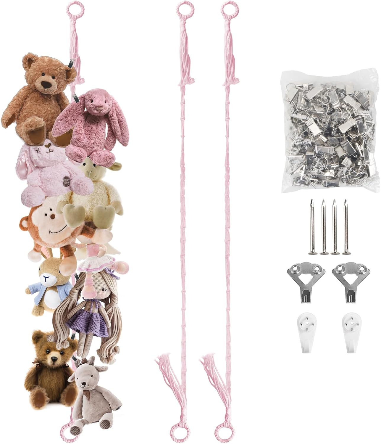 Munzong Pink Hanging Stuffed Animal Storage Chain, 80 Inch Cotton Stuffed Animal Display Holder with 40 Metal Clips for Corner Wall Decor Play Room