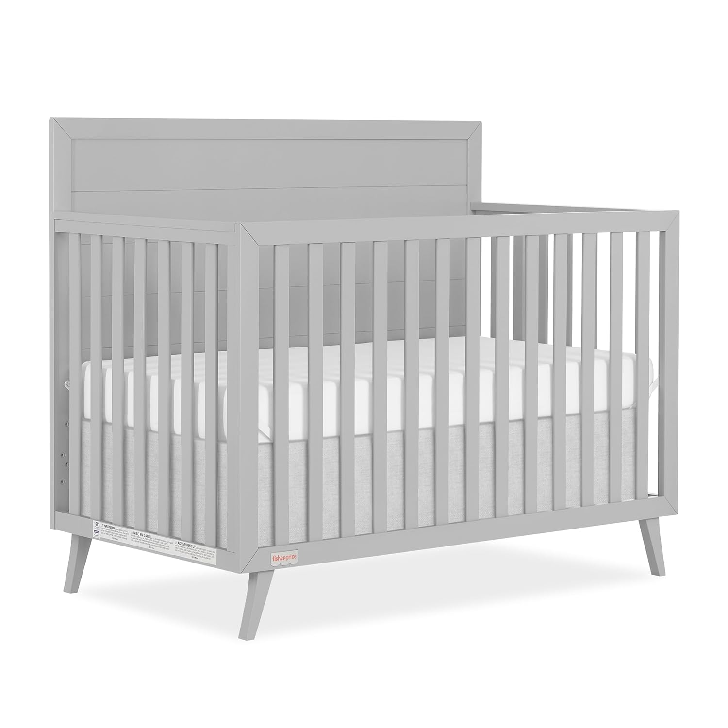 Dream On Me Fisher-Price Sanibel 5-in-1 Convertible Full-Size Baby Crib in Pebble Grey, GreenGuard Gold, Sustainable Pinewood, Wooden Spindles, 3 Mattress Heigh