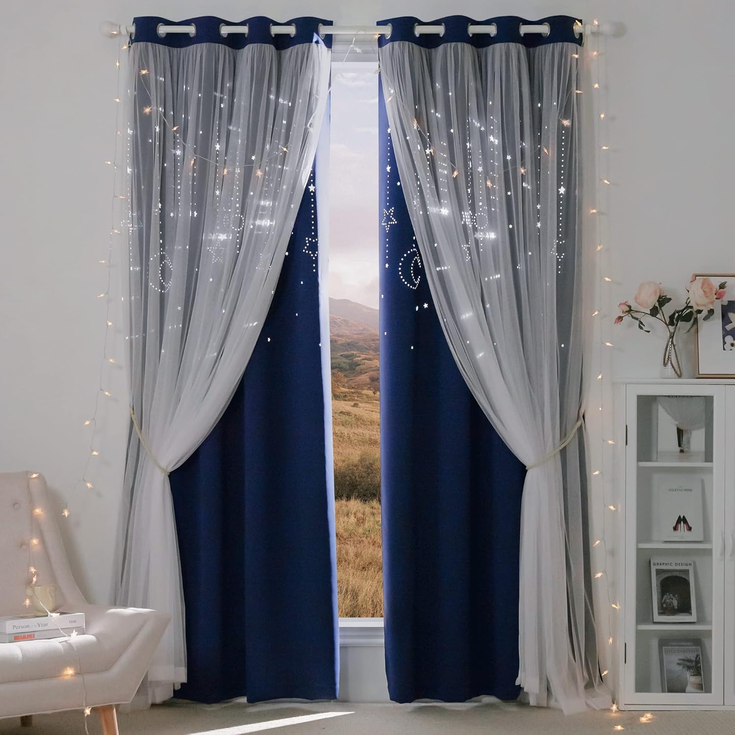 NICETOWN Navy Star Moon Blackout Curtains for Bedroom - Grommet Double Layer Thermal Insulated Room Darkening Printed Curtains for Living Room, Set of 2 Panels,