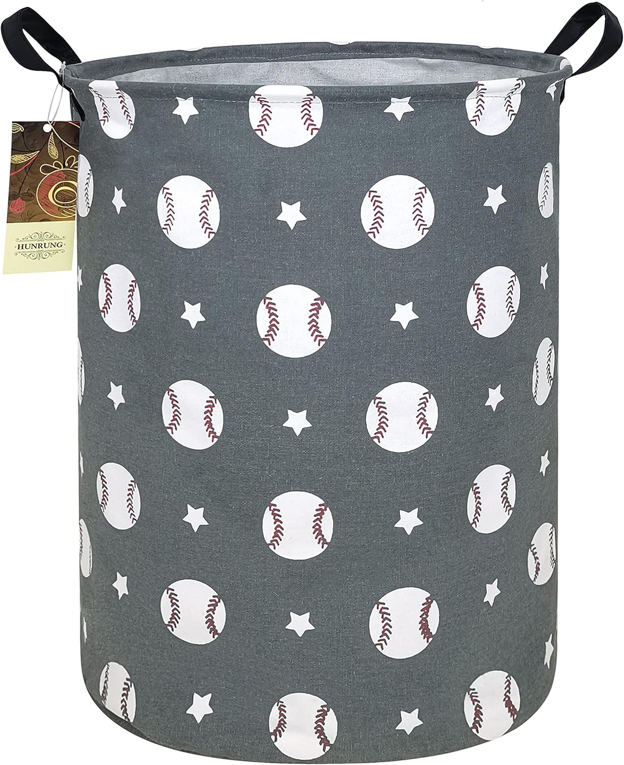 HUNRUNG Round Fabric Collapsible Storage Basket with Handles, Grey Baseball
