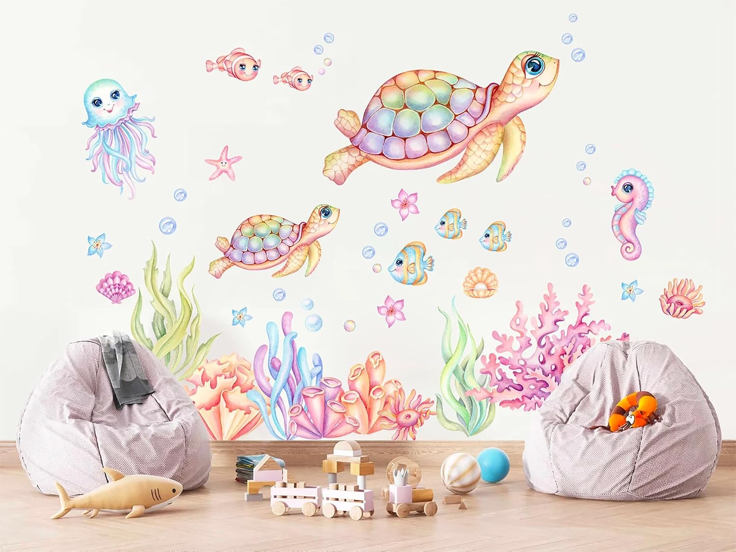 Pink and Green Undersea Adventure Wall Decal - Turtle Mom and Baby Playing with Octopus and Seahorse, Reusable Peel-and-Stick Fabric Art for Nursery and Kids' R