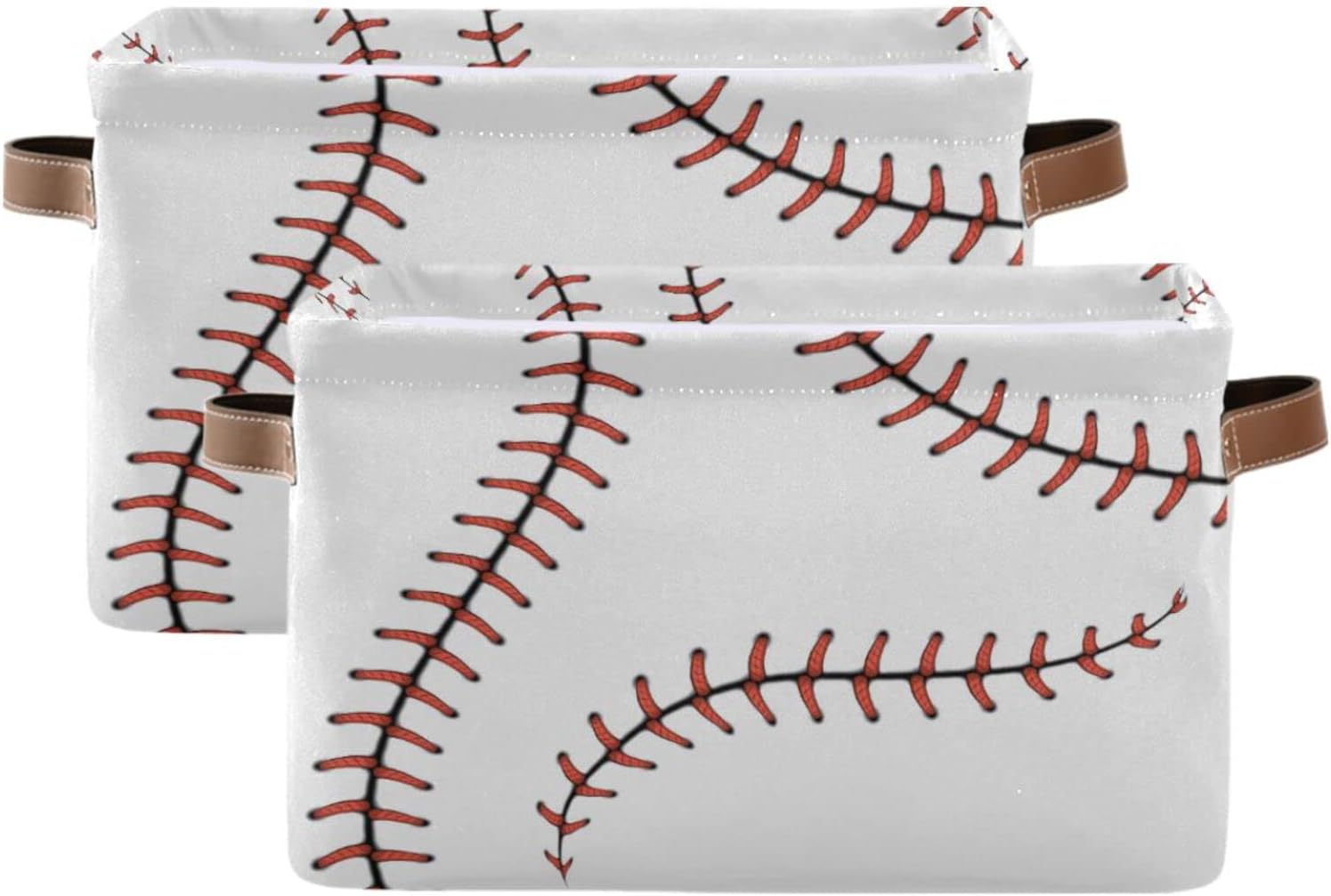Baseball Stitches Storage Basket Bin Sport Softball Large Fabric Toys Storage Cube Box Set of 2 with Handles Collapsible Closet Shelf Cloth Organizer Basket for