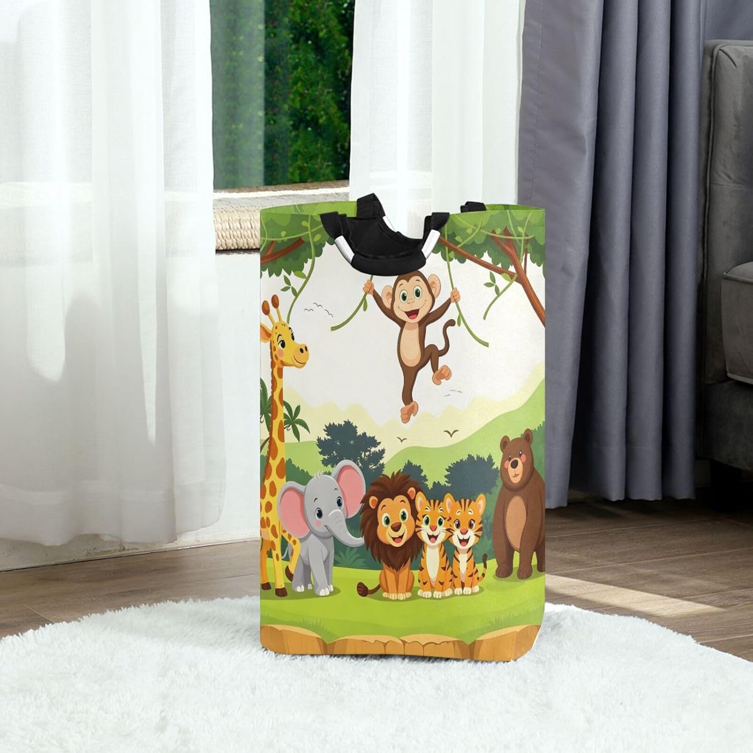 senya Jungle Animals Large Storage Basket with Handles Collapsible Organizer Bin Laundry Hamper for Nursery Clothes Toys