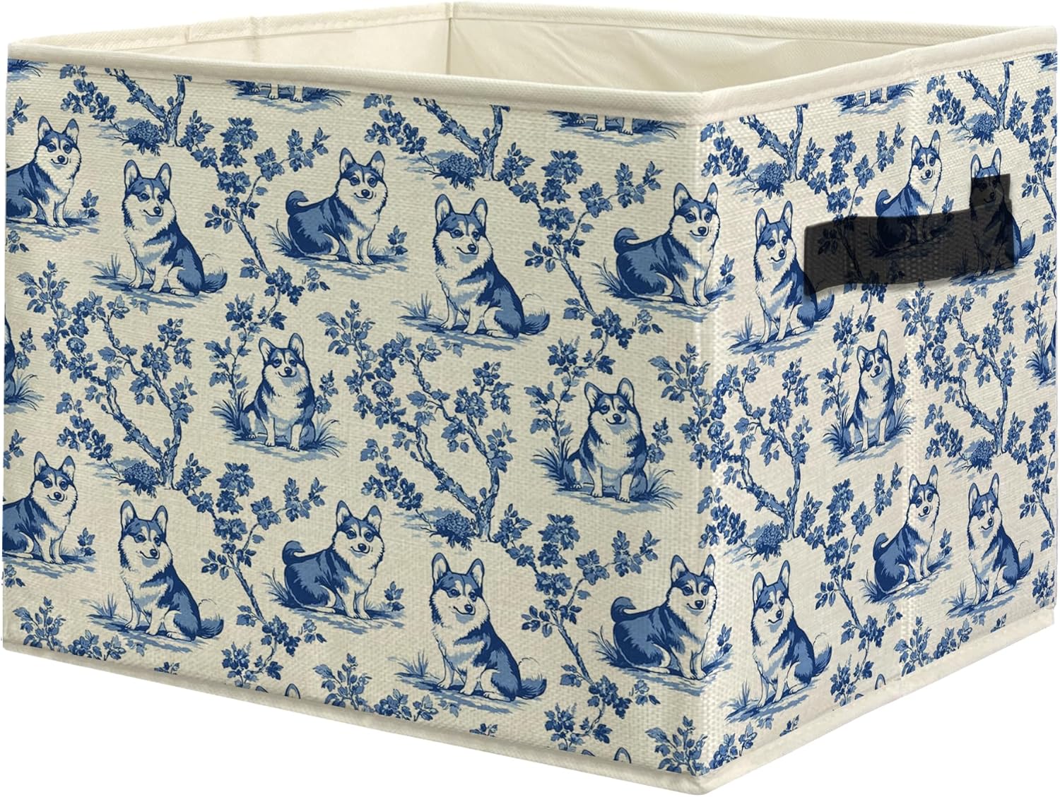 uinwk Vintage Blue Chinoiserie Husky Dog Storage Bins, Husky Lover Gifts, French Country Toile de Jouy Collapsible Storage Box Laundry Basket with Handle for Be