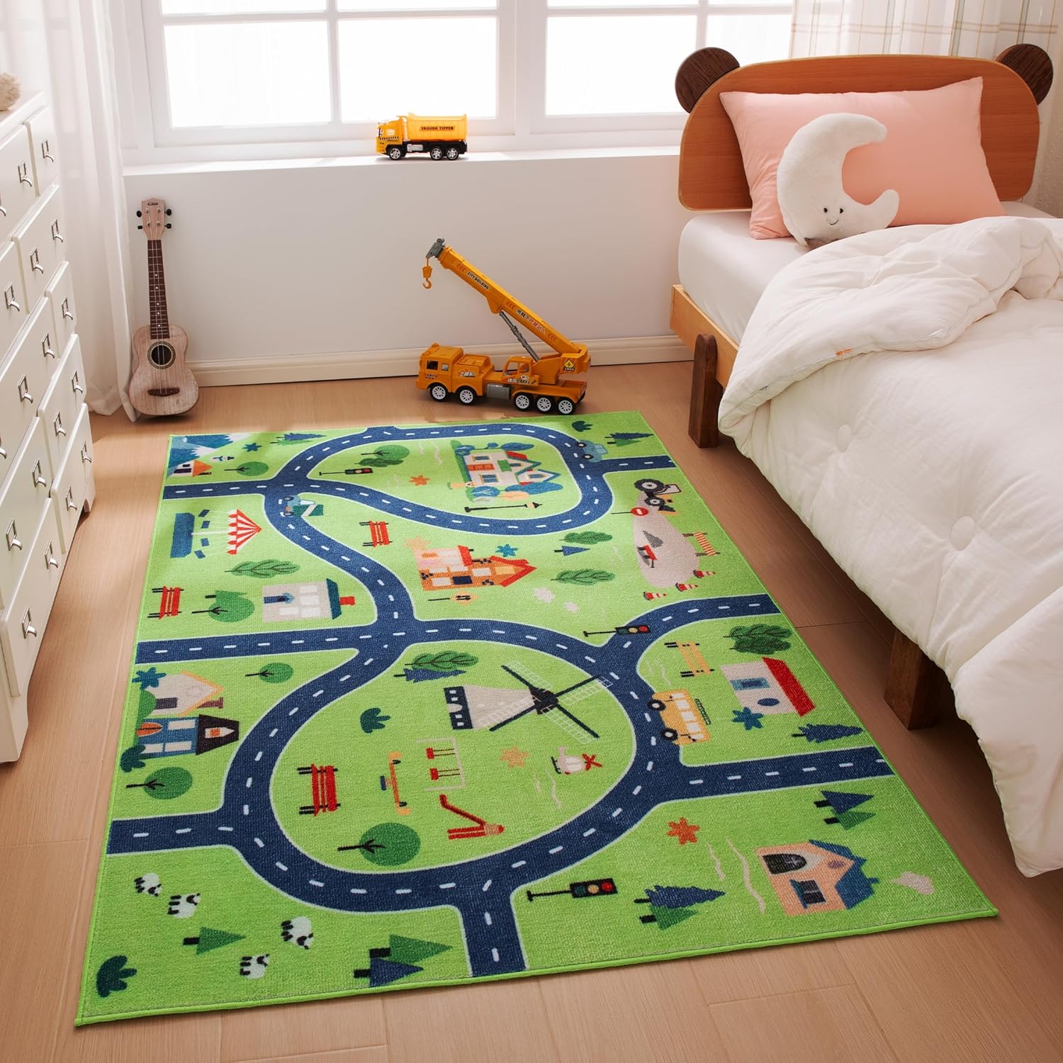 Amazon Basics Kids Washable Area Rug, Printed Carpet Play Mat for Living Room, Bedroom, Nursery, Classroom, 4' W × 6' L, City Road Green