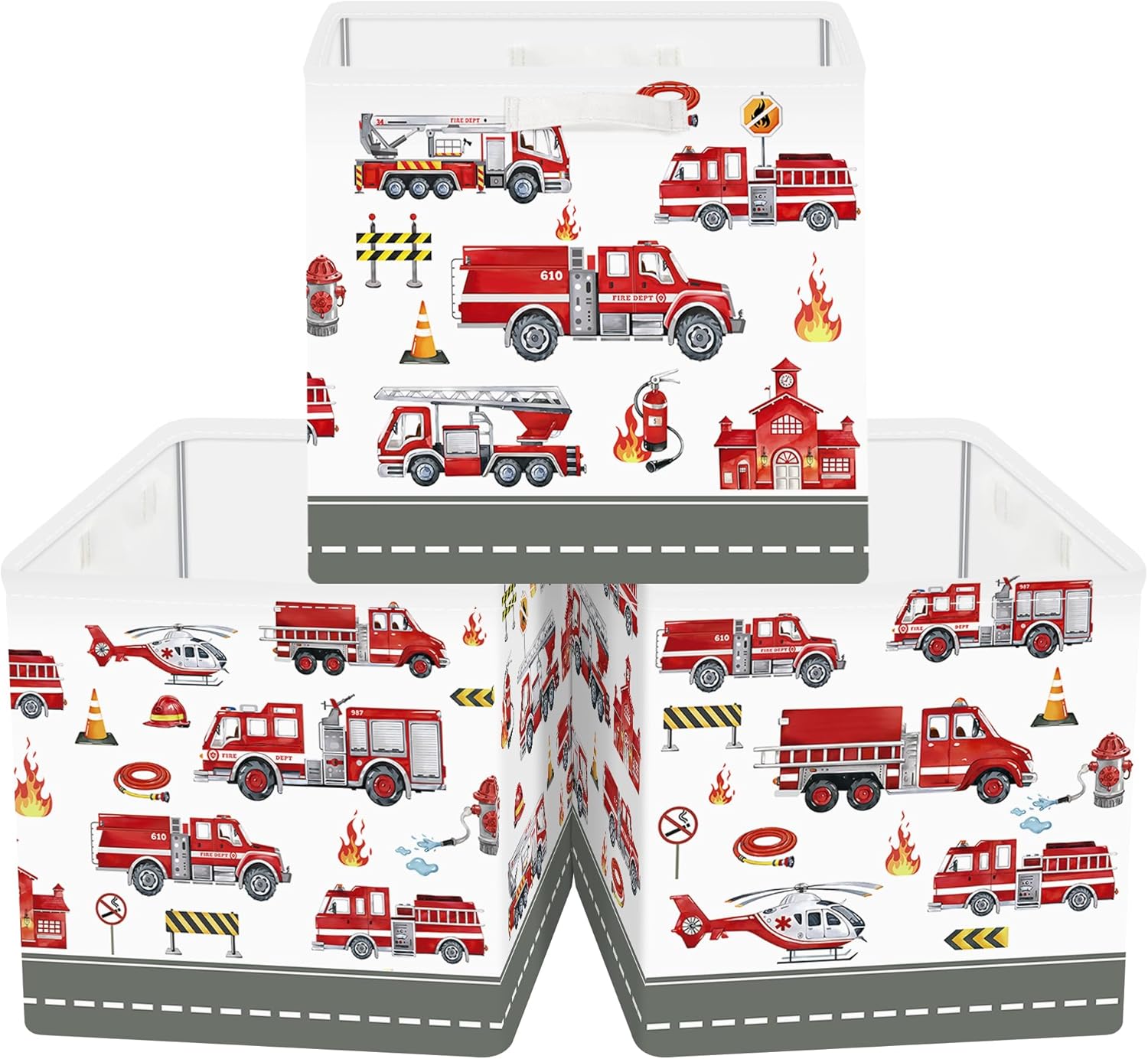 HUUMONSS 11.8" Construction Vehicles Cube Storage Organizer Set 3Pcs Cars Cube Storage Bin for Bathroom/Bedroom Parent Book Chest, Fire Truck