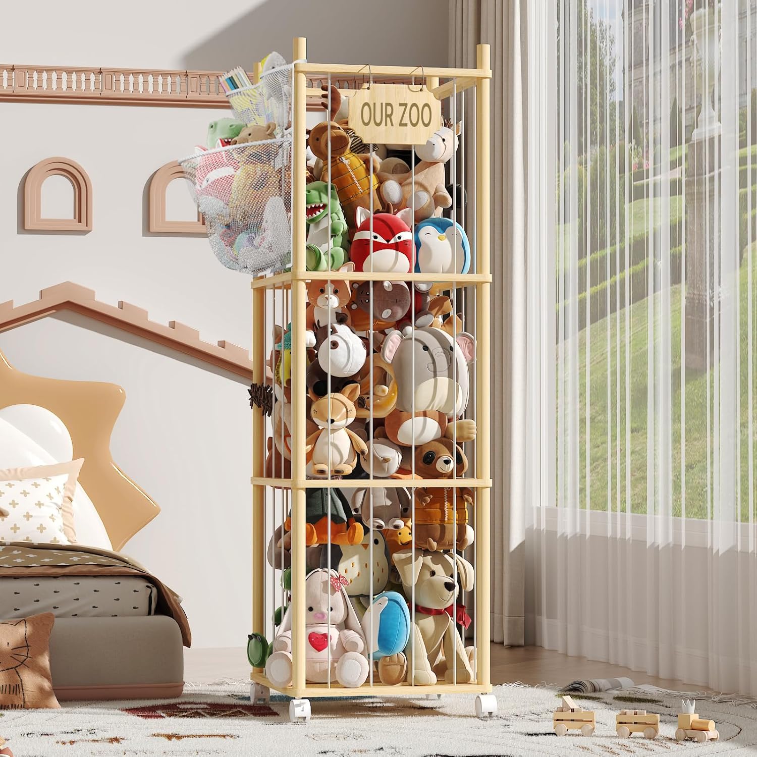 UAMFURI Stuffed Animal Storage with Net Wooden Toy Storage Organizer Stuffed Animal Zoo Storage with Lockable Wheels for Toddler Rooms, Playrooms & Bedrooms (3)