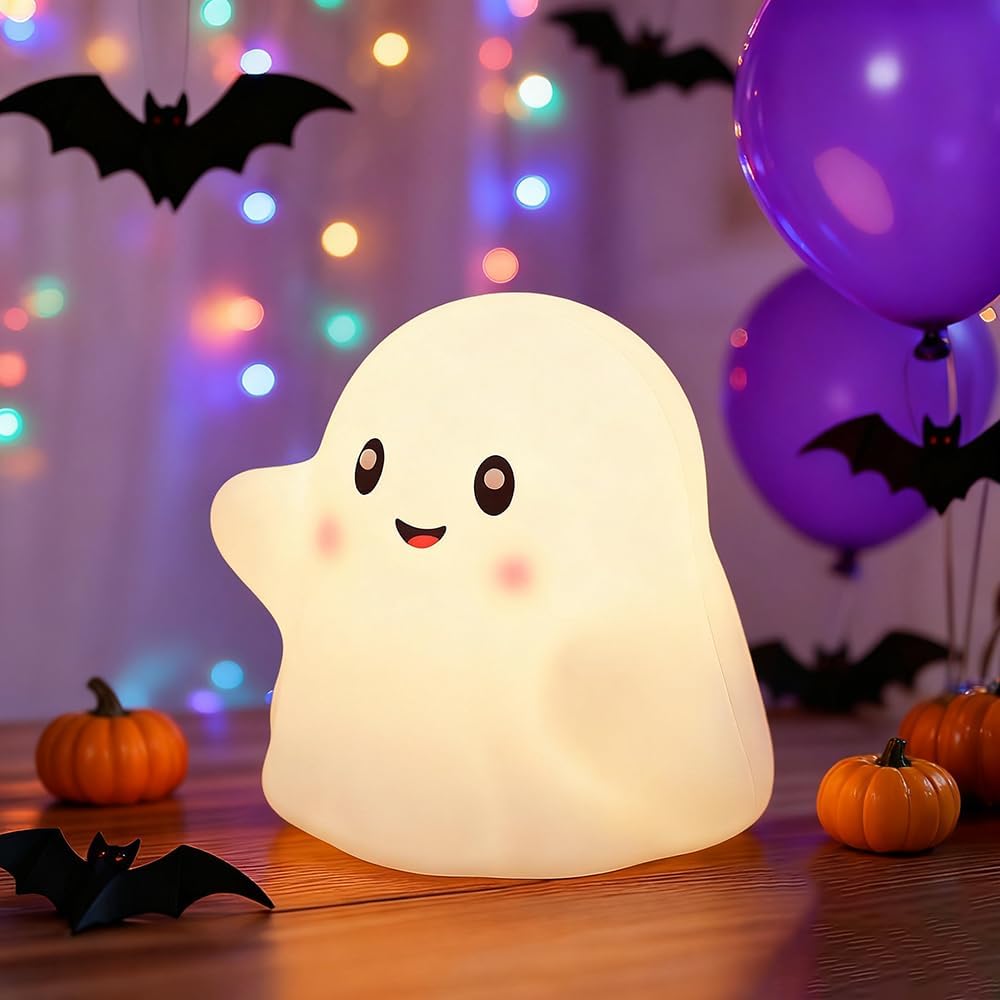 Ghost Night Light for Kids, Silicone Nursery Nightlight with 13 Interactive Sound Effects ,Halloween Decor Lamp Adjustable Dimmable Lamp with Touch Sensor Child